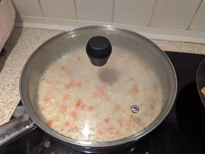 À feu moyen, ajoutez le lait de coco et l'eau, ainsi que la moitié du gingembre râpé. Couvrez et faites mijoter environ 15min. Vérifier que le riz ait absorbé toute l'eau et qu'il soit bien cuit.
Ajuster la quantité d'eau si le riz a tout absorbé avant la fin de la cuisson.
